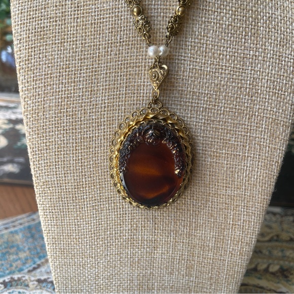 W Germany Necklace & Earrings ornate gilt tortoise color with tiny pearls - Picture 13 of 17